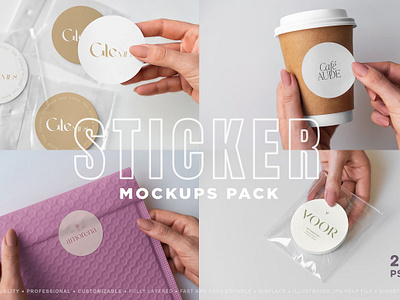 Sticker Mockups Pack bag box brand branding coffee cup hand laptop logo mockup mockups pack packing plastic post print sticker tape template tumbler