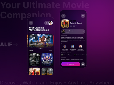 Movie Watching App, UI for mobile alif app app design apps cinema design details home mobile modern movie movies ui ui ux design ux watch web website