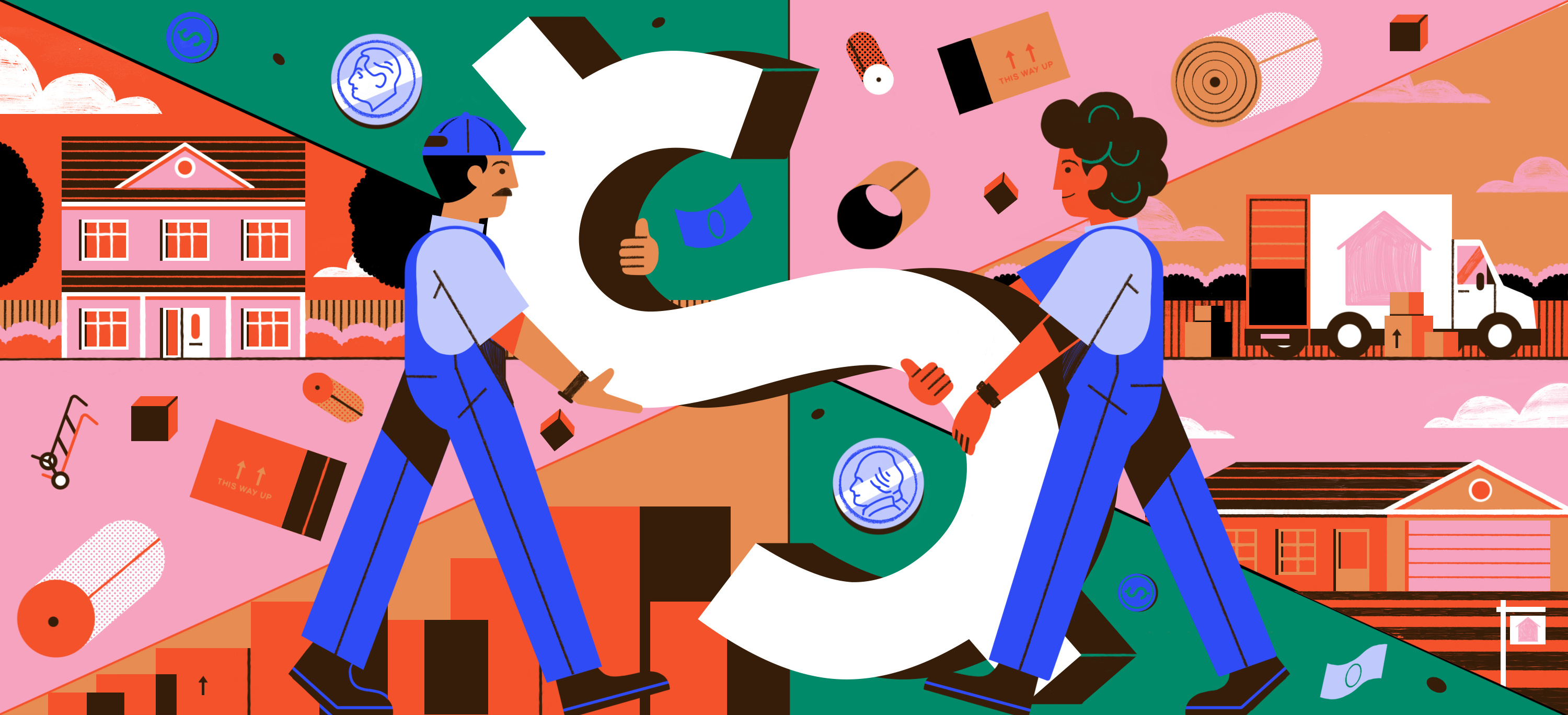 Hire a helper - The cost of moving colour design editorial illustration finance illustration money moving print