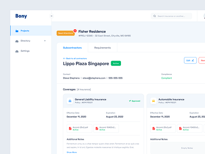 Bony - Subcontractors Insurance Dashboard b2b cards clean company compliance coverages dashboard dipa inhouse document insurance insurance certificate minimal modern product design saas startup ui design upload web app white label
