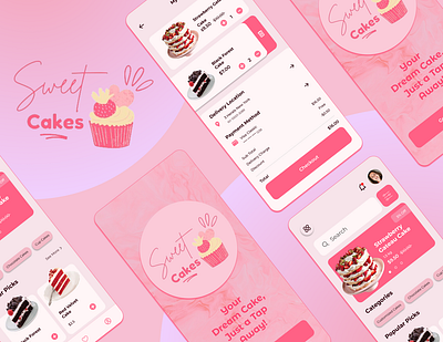 Mobile App (Sweet Cakes) app appdesign branding cake colortheory design figma food interface latest mobileapp modern new orderapp pink sweet trendy ui uiux userinterface