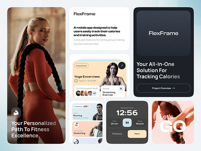 FlexFrame Bento bento branding calorie tracking fitness group training health mobile app ui workout tracking