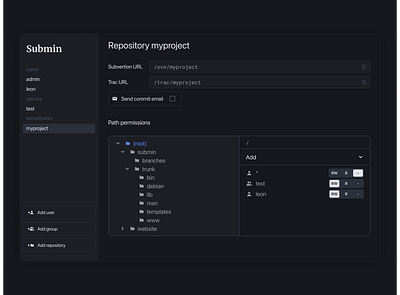 Admin interface repositories admin authorization dark darkmode files folder interface repository ui url user