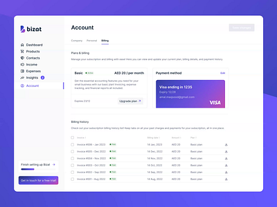 Billing Page for Dashboard account billing dashboard design system fintech gradient