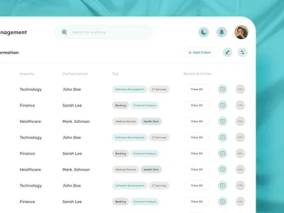 CLIENT'S LISTING VIEW IN A CRM appdesign axillio branding client list crm crm dashboard design dashboard design list dashboard minimal design typography ui uiux ux