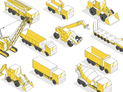 Heavy equipment isometric illustrations affinity designer concrete mixer construction equipment crane excavator heavy equipment illustration isometric tractor truck vector vehicle