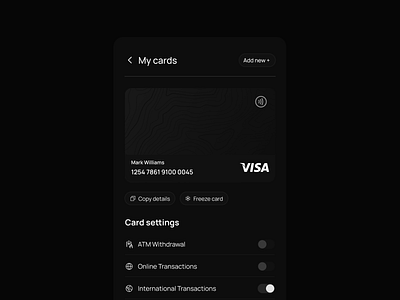 Credit Card Settings Page credit card dark dark mode finance fintech settings ui