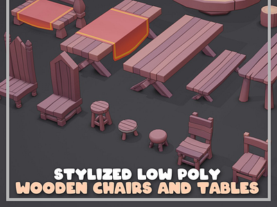 Stylized Low Poly Wooden Chairs and Tables 3d 3dmodeling b3d blender blender3d design illustration low poly lowpoly