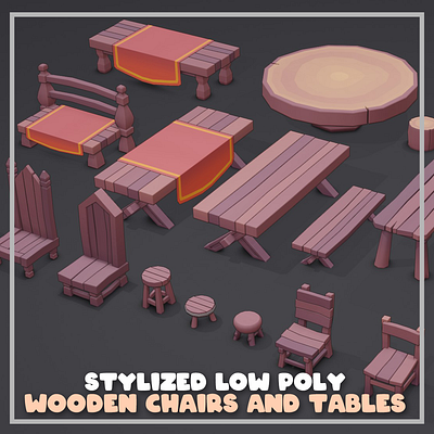 Stylized Low Poly Wooden Chairs and Tables 3d 3dmodeling b3d blender blender3d design illustration low poly lowpoly