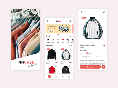 Incaze – Branded Clothing App abk abkdesigns branding clothing clothingapp creative design designinspiration dribbble ecommerce garments illustration logo ui uidesigner uiux ux