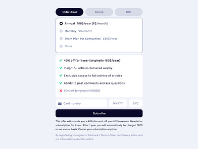 Subscription Plan bank card card nubmer light mode radio buttons subscription subscription plan ui ux web design