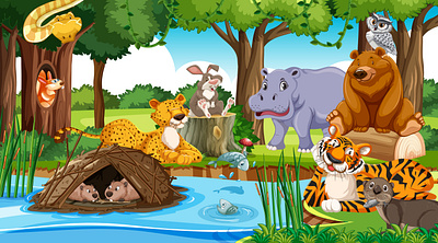 Wild animals cartoon characters forest scene 3d animation branding graphic design logo motion graphics ui