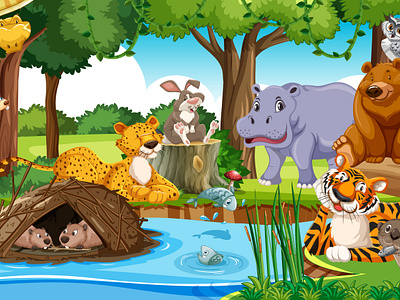 Wild animals cartoon characters forest scene 3d animation branding graphic design logo motion graphics ui