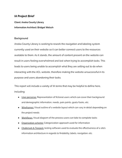 Anoka County Library IA Project Brief (deliverable 1 of 7) graduate assignment information architecture project brief ux