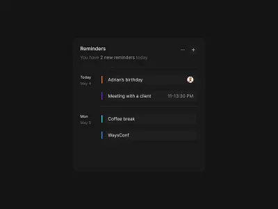 reminders / {dark mode} app application branding calendar card cards design digital flat modern product productdesign remiders reminder task ui ui design ux