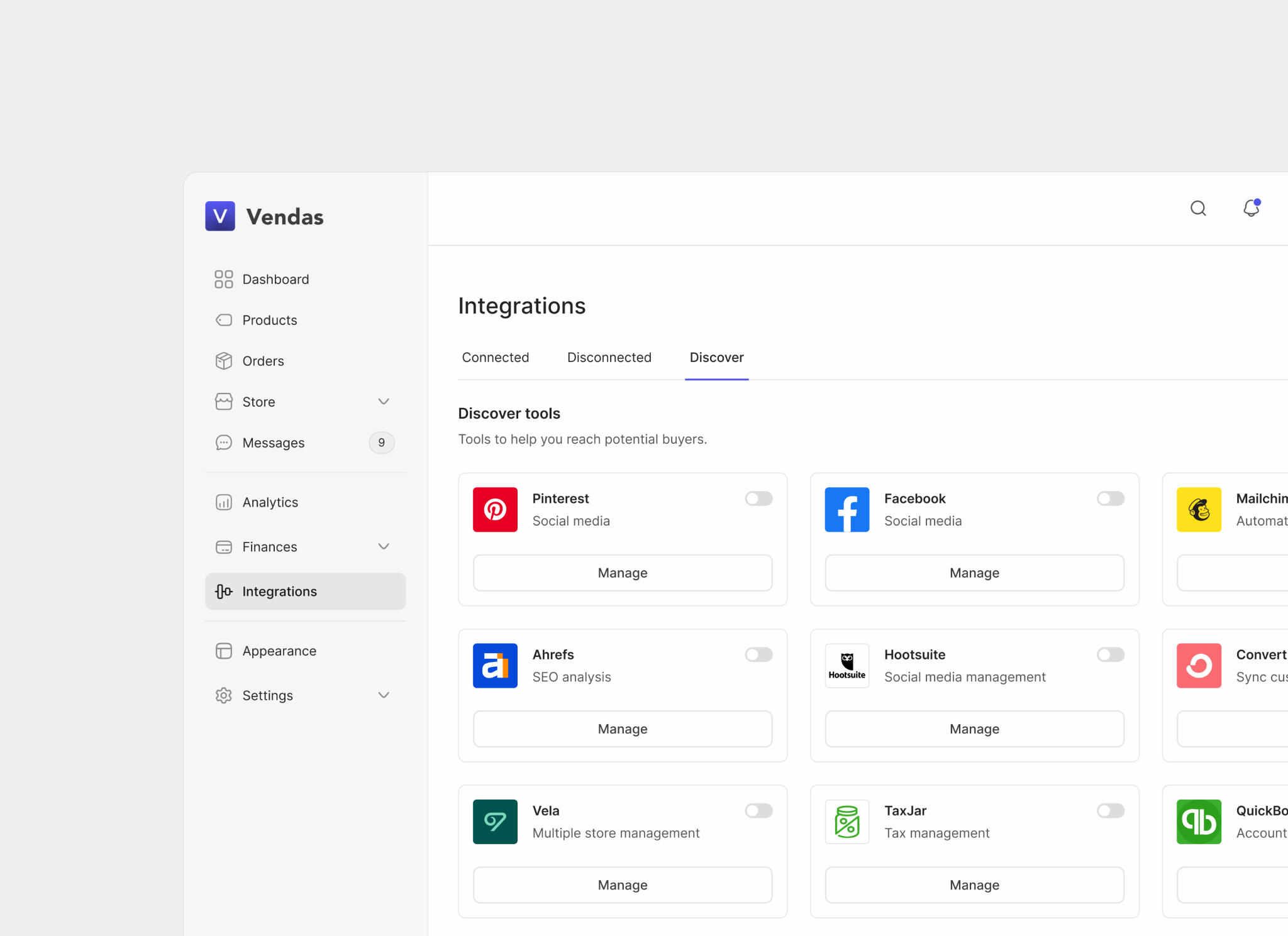 Integrations Page e commerce integrations product design saas seller panel ui ux