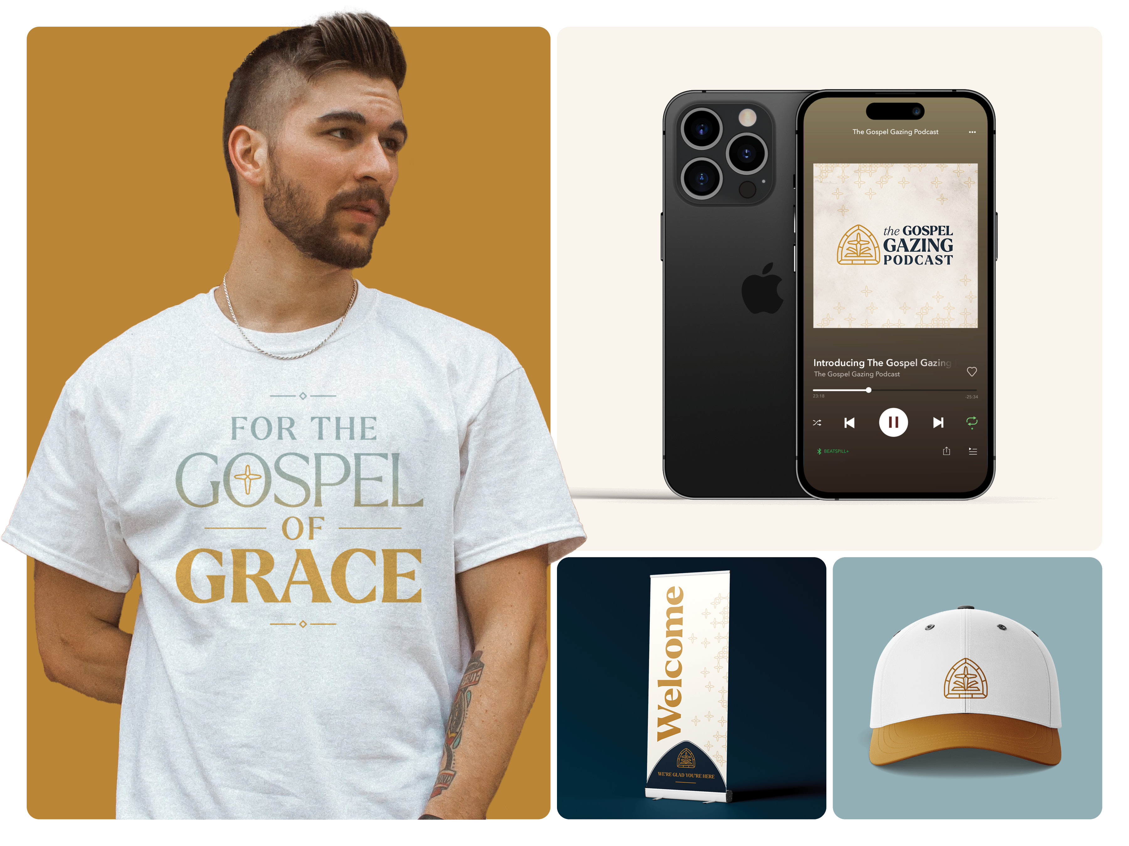 Identity System applications for Grace Presbyterian Church branding christian church church branding cross logo gold identity navy presbyterian rebrand reformed