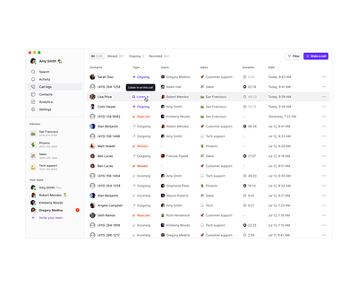 Call logs activity app bulk calls clean cms crm desktop live meeting minimal people recording saas sidebar simple table ui users ux