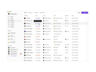 Call logs activity app bulk calls clean cms crm desktop live meeting minimal people recording saas sidebar simple table ui users ux