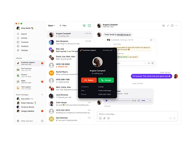 Incoming call details alert app call chat clean dark mode desktop inbox live meeting messages minimal modal notification saas sidebar simple support ui ux