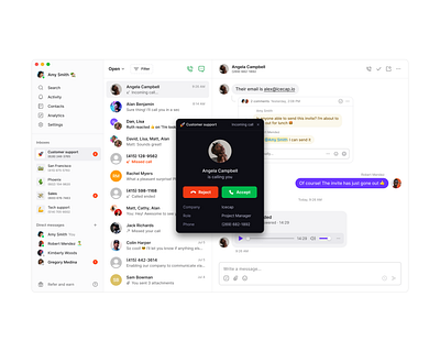 Incoming call details alert app call chat clean dark mode desktop inbox live meeting messages minimal modal notification saas sidebar simple support ui ux