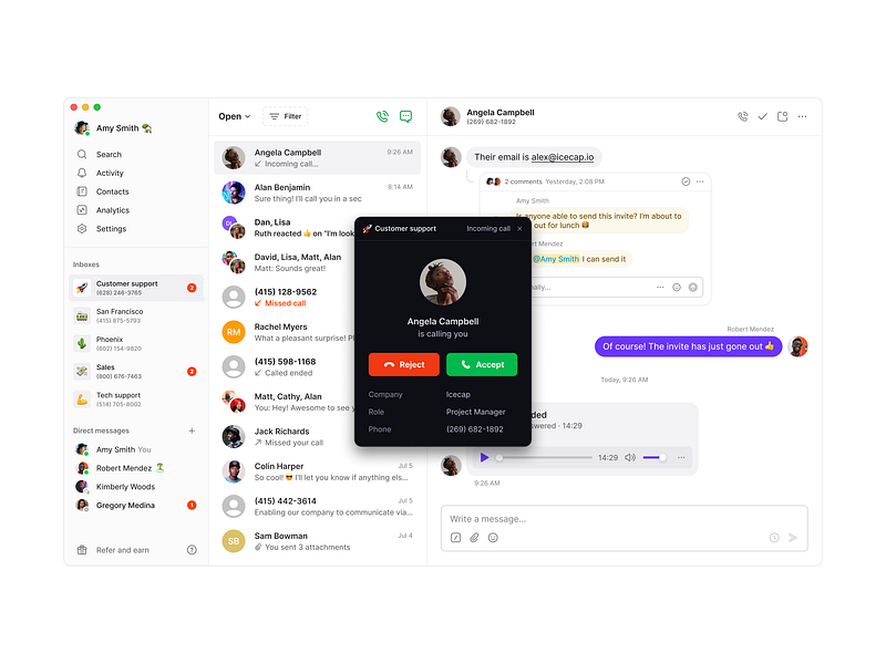 Incoming call details alert app call chat clean dark mode desktop inbox live meeting messages minimal modal notification saas sidebar simple support ui ux