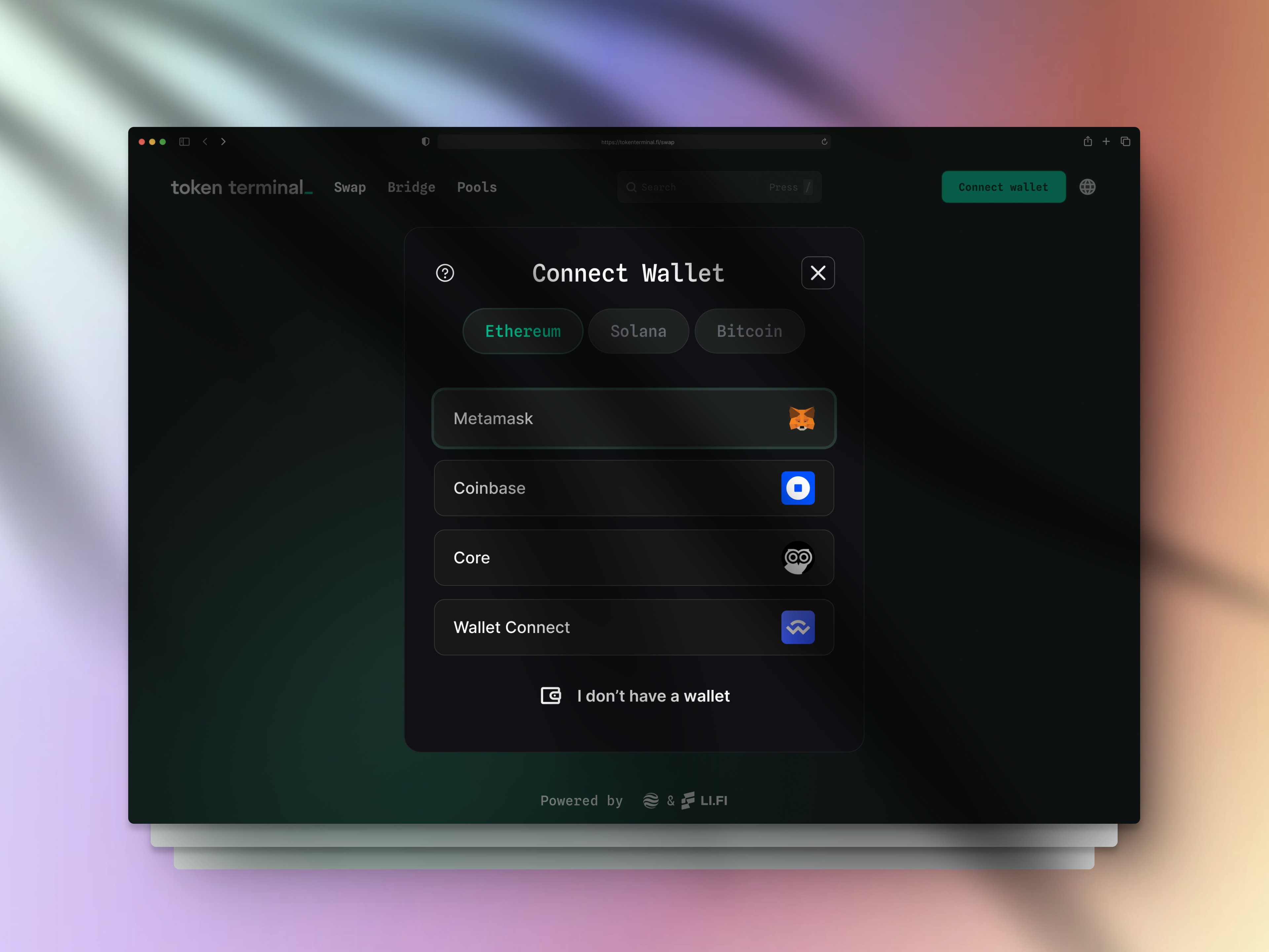 Connect wallet modal for an omnichain Dex - token terminal app coinbase connect wllet core crypto assets cryptocurrency decentralized exchanges design dex digital assets metamask ochain pool stake ui ux wallet connect web 3 design web3 yield farming