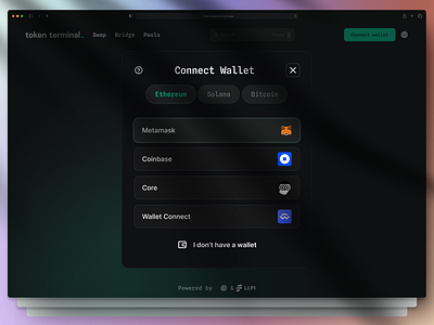 Connect wallet modal for an omnichain Dex - token terminal app coinbase connect wllet core crypto assets cryptocurrency decentralized exchanges design dex digital assets metamask ochain pool stake ui ux wallet connect web 3 design web3 yield farming