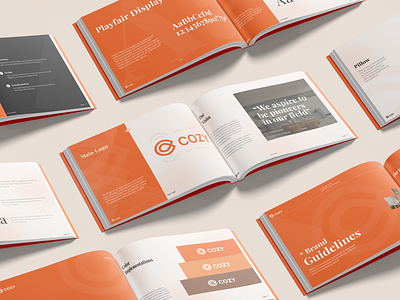 Cozy - Brand Guidelines - Logo, Font & Colors agency brand guide branding clean color company design design guide design system interior logo marketing modern orange pitch deck presentation real estate stationary style guide template