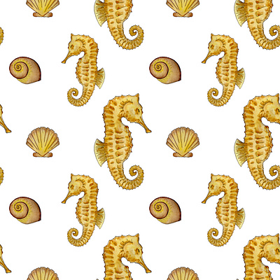 Seamless marine pattern fabric hand drawn illustration marine ocean pattern sea seahorse seamless pattern shell textile wallpaper watercolor wrapping