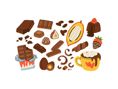 Chocolate set candy cartoon chocolate cocoa concept cute design dessert flat food illustration set sweet vector
