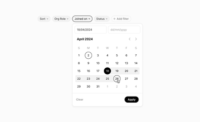 Date Picker component calender clean component date datepicker dates design system filter input minimalist modal popover product design saas schedule simple