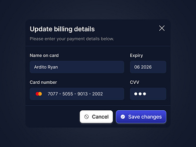 Update Billing Details - Dark Mode billing detail billing update button component button variant clean form clean ui form form component form variant forms simple billing detail simple form