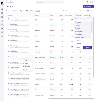 Campaign Listing Page campiagn channels columns dashboard dashboard listing listing page status table ui