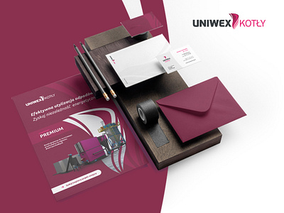 Uniwex Kotły branding burgundy green technology identity key visual kreacje graficzne packaging stationery