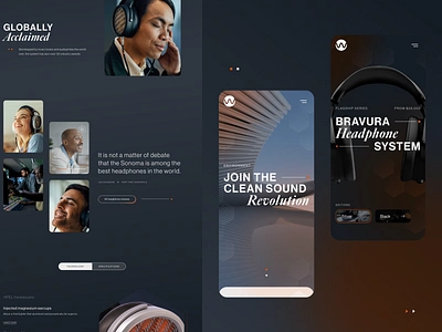 Hear it all audio brand darkui ecommerce headphones mobiledesign mobilemenu orange tabs testimonial typography websitedesign