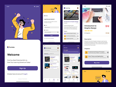 Punloka: Online Course App Exploration clean course app course design e learning ed tech design education app flat illustration learning app minimal minimalism mobile app online class online course study online ui