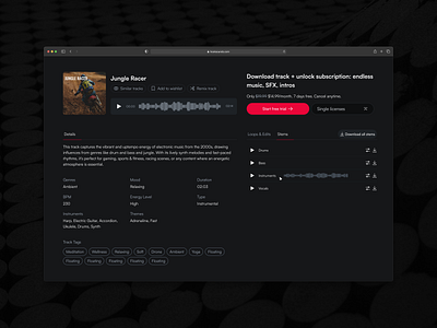Track Detail Page Design for HookSounds app audio dark dark mode darkmode design music royalty free track ui ui design ux design web website