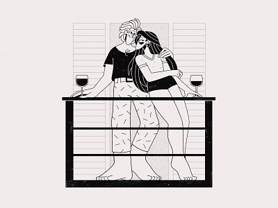 Wine balcony black and white black ink glasses graphic diary guy hugs illustration pair sketch summer thin line wine young woman