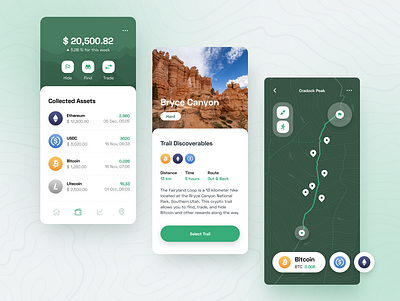 Crypto Geocaching App bitcoin concept design crypto fintech fitness geocaching mobile mobile app navigation outdoors product design tech tracking trading ui