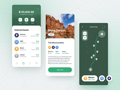 Crypto Geocaching App bitcoin concept design crypto fintech fitness geocaching mobile mobile app navigation outdoors product design tech tracking trading ui