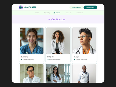 HealthNest - Doctors Page appointment doctor figma hospital medical minimal specialty ui uiux ux webdesign website