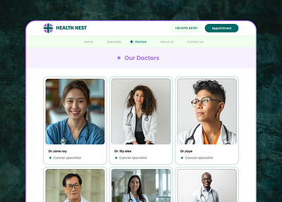 HealthNest - Doctors Page appointment doctor figma hospital medical minimal specialty ui uiux ux webdesign website