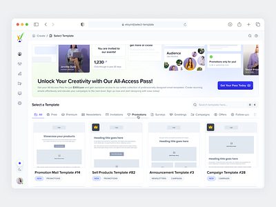 📨 etsymil • Mail Builder (Select Template) Dashboard app banner breadcrumbs campaign category dashboard design mail mail builder mail template premium pass promotions search select template side navigation tabs template ui ux web app