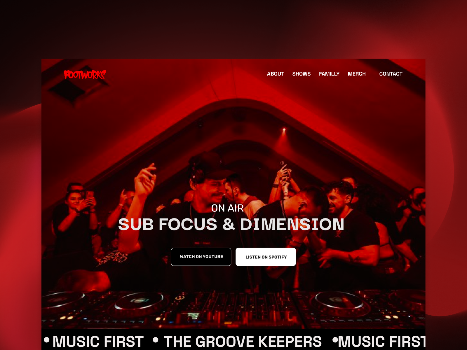 Footworks black dark event merch music red show webdesign website