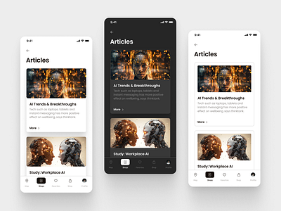 Article views - AI concept article views card cards dark mode light mode mobile app mobile design mobile ui modern professional ui uiux ux