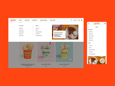 Jeni's Ice Cream Navigation branding clean colorful commerce dessert ecommerce flavors graphic design ice cream navigation orange pints shop simple sweets treats ui ux web design yum