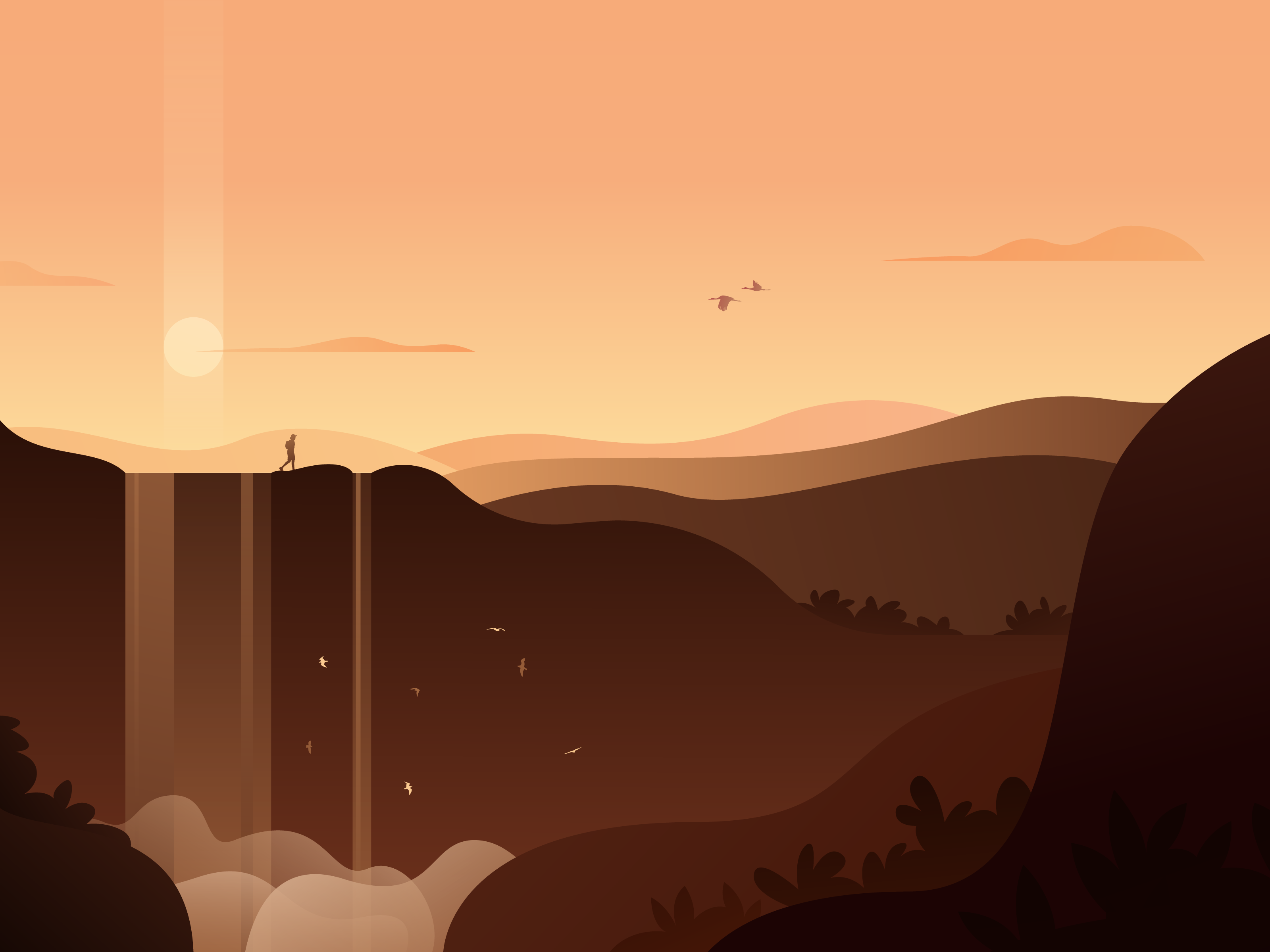 Waterfall 2d graphic adobe illustrator app artwork birds branding design golden hour illustration landscape style sunrise sunset theme ui ux variation vector walk waterfall