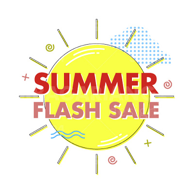 Summer flash sale sticker with sun and dotted cloud graphic design sunny
