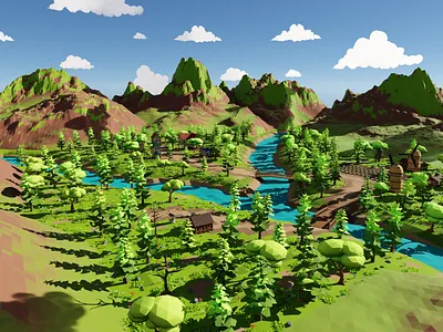 Small Town 2 3D model 3d 3dmodel art blender3d environment exterior farm flower forest grass house landscape lowpoly mill mountain render river stable town water tank